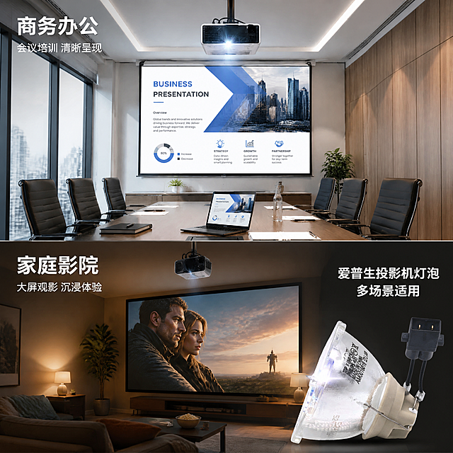 [主图-4] 投影机灯泡多场景应用展示图，使用场景。
[氛围风格] 真实场景感，商务+家用双场景，实用专业；
[画质] 商业场景摄影质感、光线自然真实、产品融入环境、画面干净有层次。
[元素] 画面采用上下分屏或画中画布局，展示两大使用场景。上半部分/左侧：商务会议室场景，现代化明亮的会议室中，天花板吊装的爱普生投影机正投射出清晰的商务PPT画面到100寸投影幕布上，会议桌、椅子、笔记本电脑、绿植等元素丰富，体现商务办公使用场景。下半部分/右侧：家庭影院场景，温馨的客厅环境中，爱普生投影机投射出大尺寸电影画面，沙发、靠垫、暖光台灯等营造家庭观影氛围。画面一角或中央位置放置投影机灯泡产品图（透明玻璃外壳、米色底座、黑色电线插头），灯泡有微光效果。**保持灯泡产品外观（即物理结构、材质质感、颜色、形状、线材、插头）与输入产品图一致，杜绝任何变形和色差，精细化处理；场景图中的投影机和投影画面需真实可信，灯泡产品自然融入不突兀**。
[光影] 会议室场景明亮冷白光，体现专业商务感；家庭影院场景暖色调暗光，体现温馨观影感。灯泡产品有独立打光，玻璃通透有高光。
[配色] 上半部分冷白蓝调（商务）；下半部分暖黄橙调（家用）；灯泡产品保持本色银白+米色。
[视角构图] 上下/左右分屏场景布局，灯泡产品置于画面中央或角落作为连接元素，两个场景各自有独立的透视和景深，整体和谐统一。
[文字版式] 商务场景上方标注"商务办公"白色粗体中号字，下方小字"会议培训 清晰呈现"。家庭场景上方标注"家庭影院"白色粗体中号字，下方小字"大屏观影 沉浸体验"。灯泡旁标注"爱普生投影机灯泡 多场景适用"白色粗体。文字均放在负空间，不遮挡场景主体和灯泡。
[输出要求] 1:1比例，文字清晰锐利，超高清商业场景摄影质感。
[负向提示词] 变形，文字错乱，产品图模糊，背景杂乱，水印，电商平台Logo，多余的手，畸形手，人物面部扭曲，飞利浦字样，PHILIPS字样。
