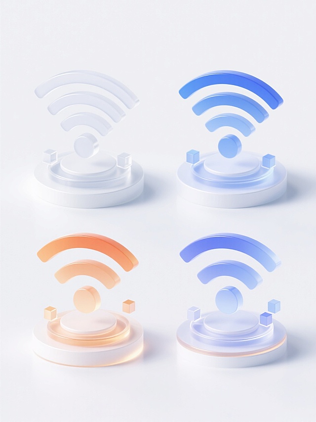 4个不同配色、不同样式的wifi图标，保持3D立体风格，透明渐变材质，每个图标由弧形信号波纹、下方圆形平台和悬浮小立方体元素构成，光线柔和，高光细节丰富，阴影细腻，整体呈现科技感与现代美感，白色背景，图标排列整齐，视觉平衡