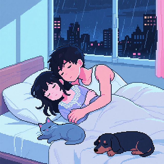 像素风漫画，温馨夜晚，情侣相拥入睡，宠物相伴，城市夜景窗外。