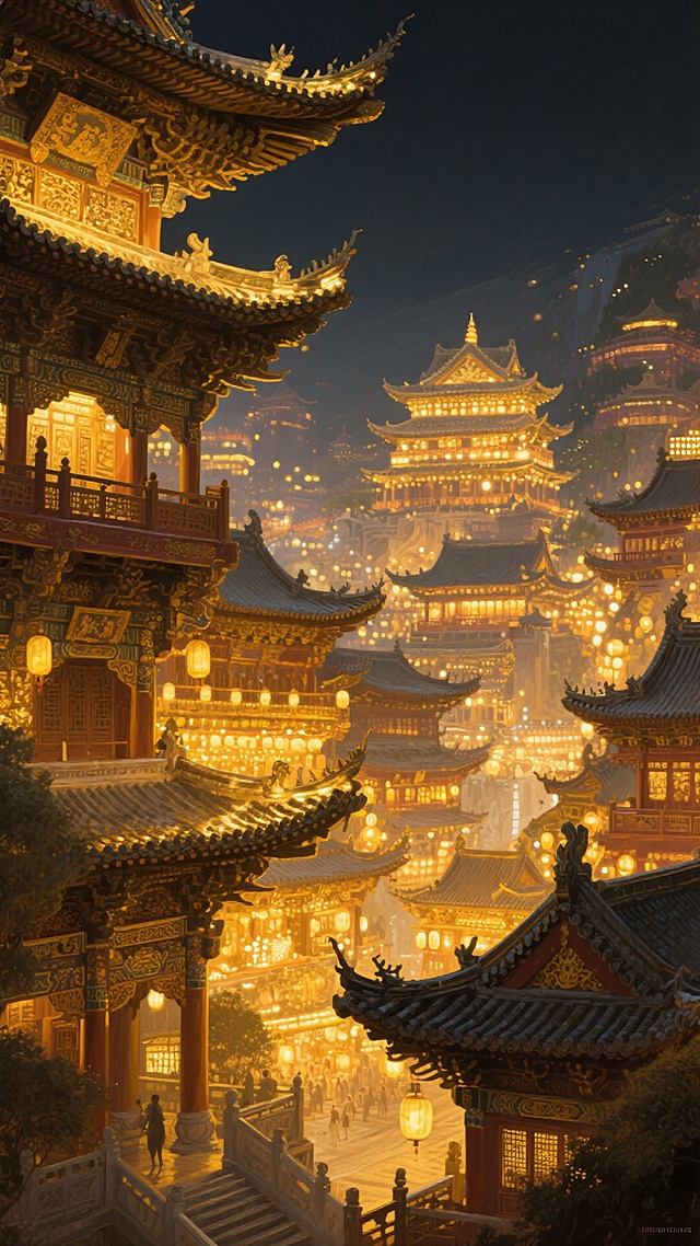 国潮风与鎏金风交织，中式古典建筑在夜色中流光溢彩，光影交错间尽显奢华与梦幻，插画风细腻描绘出唯美的东方仙境。