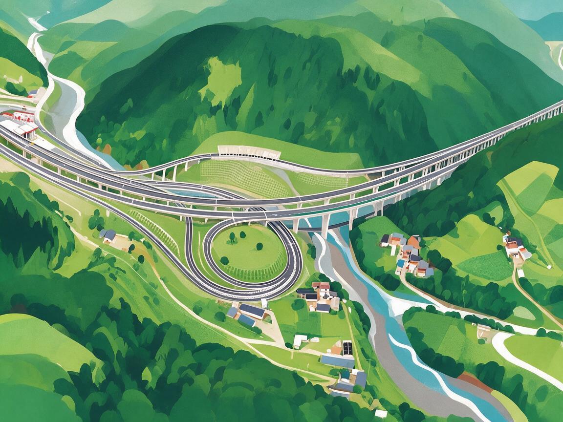 将这张山区高速公路互通立交桥的航拍图，转换为矢量素材平面动画风… - 图片创意预览
