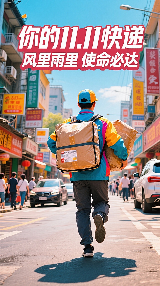 实景感城市街景，现代快递员背影疾行，大字风标语强化促销与励志情绪，印刷风字体传递热血使命，商务与双十一节日氛围交织。
