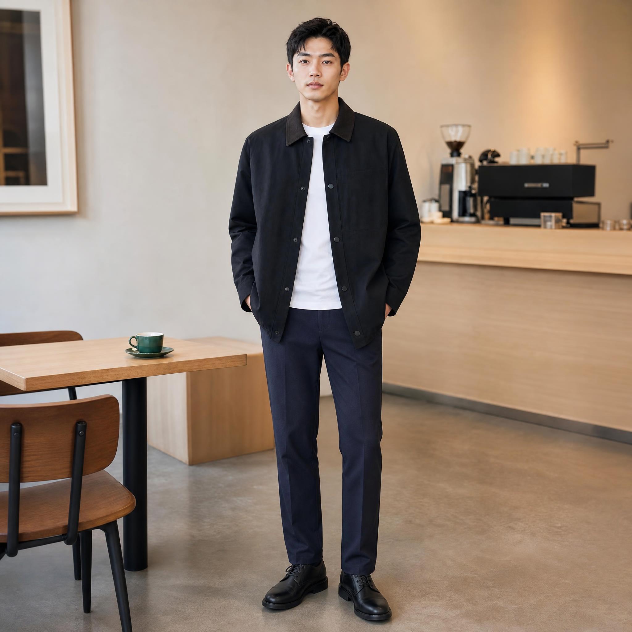 男士穿搭正面全身展示，模特身穿黑色翻领夹克（棕色灯芯绒领子，按… - 图片创意预览