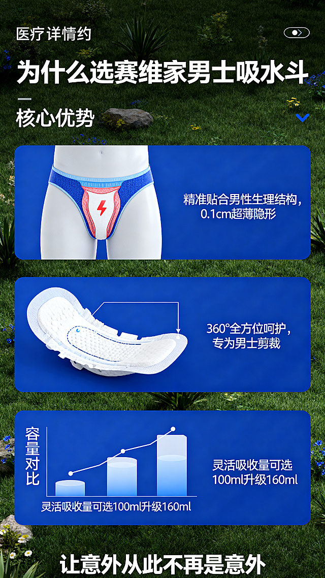 第二屏产品核心差异优势详情图，标题 '为什么选赛维家男士吸水斗'，三个核心优势：1.精准贴合男性生理结构，0.1cm超薄隐形；2.360°全方位呵护，专为男士剪裁；3.灵活吸收量可选100ml升级160ml。底部配标语'让意外从此不再是意外'，医疗简约蓝白色调，图文排版清晰，一屏内容