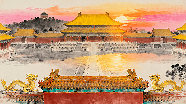 国风工笔淡彩水墨风格，主色调朱红、明黄、青灰、赭石。夕阳晚霞笼罩下的故宫全景，整条中轴线铺满暖金色霞光，明黄琉璃瓦流光溢彩，朱红宫墙更显厚重，螭静立斗拱藏金脊兽威严，远处景山晕染橘粉色晚霞，色彩柔和绝美，氛围恢弘大气，文化氛围感拉满，尽显古建壮美与历史厚重。