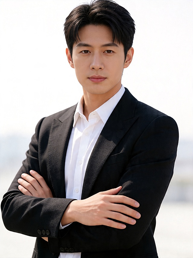 只保留男生，完全正脸直视镜头，服装：白色高支棉衬衫+黑色高档精纺材质西服外套，不系领带，姿势：站姿上半身，双手抱胸，背景：明亮户外，整体色调以白色为主，背景虚化，职业：金融分析师，表情：外表看似随性，眼神透露精明精光，无配饰，保留人物原有脸型发型年龄特征，高清写实，4K分辨率