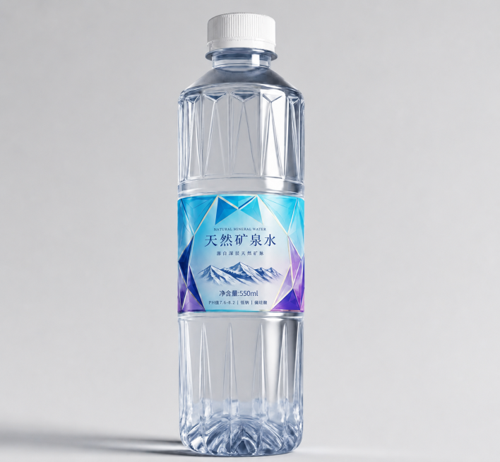 为矿泉水瓶的标签赋予颜色，改成色彩丰富的设计，保持现有钻石切割几何图案和文案内容不变，整体风格大气时尚，不要黑白色调预览效果