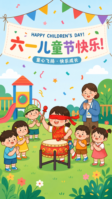 修改为竖版图片，保留蒙眼打鼓的小孩内容，调整为扁平化风格，六一儿童节主题预览效果