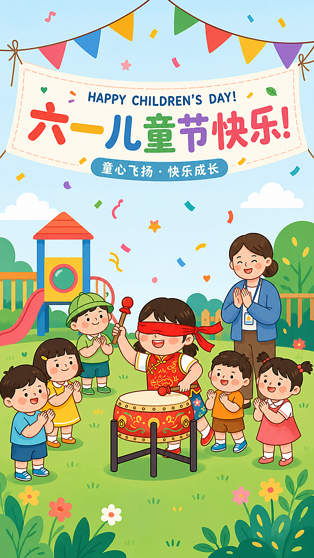 修改为竖版图片，保留蒙眼打鼓的小孩内容，调整为扁平化风格，六一儿童节主题