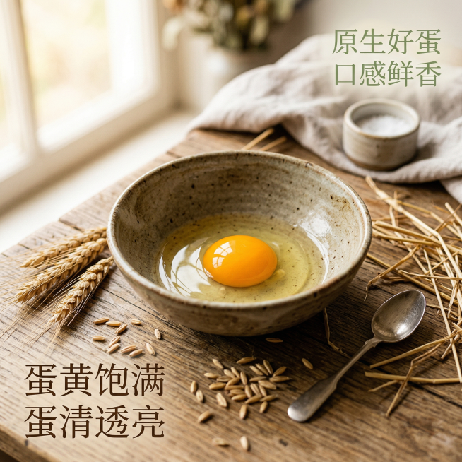 [主图主题] 农家鸡蛋烹饪场景体验展示
[氛围/风格] 自然生活风，温馨治愈，诱人食欲
[画面元素] 一颗农家鸡蛋在质朴粗陶碗中被打碎，展示通透清亮的蛋清和饱满橙黄的蛋黄，周围搭配散落的谷物麦粒和干稻预览效果