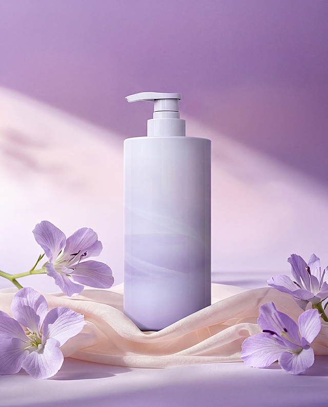 将原图画面中心的浅紫色软管护肤品原位替换为图2(参考图)中的带按压泵头的淡紫色渐变圆柱瓶子。
用图2中物体的真实物理结构完全覆盖该区域，打破原图旧物的轮廓束缚，保持原产品(图2)的真实比例，严禁挤压或变形。新产品需完美继承原图中旧物的摆放角度、镜头高度与透视消失点关系，严格保持原有的透视效果，严禁改变透视关系，并继承旧物的底部接触点，放置在浅米色布料上，严禁漂浮或位置偏移，使其与背景空间完美融合。仅替换该物体，保持原图其他环境布局（紫色渐变背景、浅米色布料、周围紫色花朵）绝对不变。
重置该区域光影，赋予自然接触阴影，完美消除新产品边缘白边，画面自然真实，严格锁定宽高比为 4:5，4K分辨率。