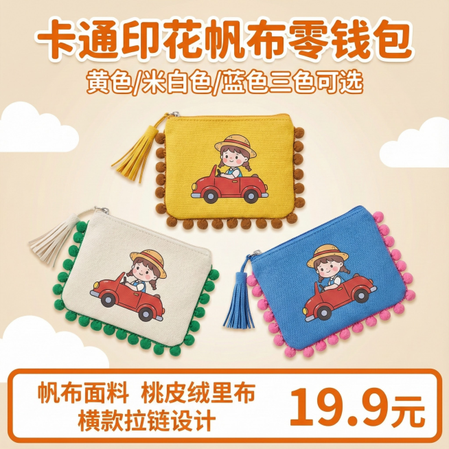 •	商品名称：零钱包 •	颜色：黄色、米白色、蓝色 •	风格：卡通 •	流行元素：印花 •	面料：帆布 •	里布：桃皮绒 •	适用人群：年轻人 •	闭合方式：拉链 •	形状：横款 价格: 19.9元制预览效果