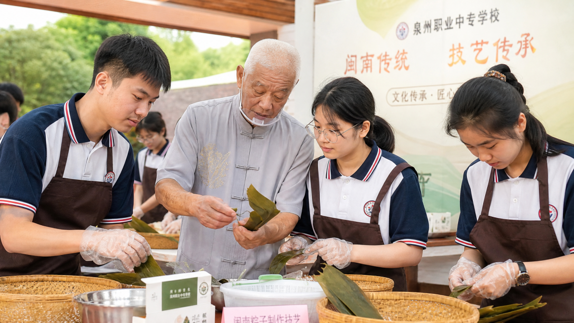 泉州职业中专学校闽南传统技艺传承活动现场，老年工匠指导青年学生制作传统美食，明亮温馨校园活动场景，纪实摄影风格，横版排版预览效果