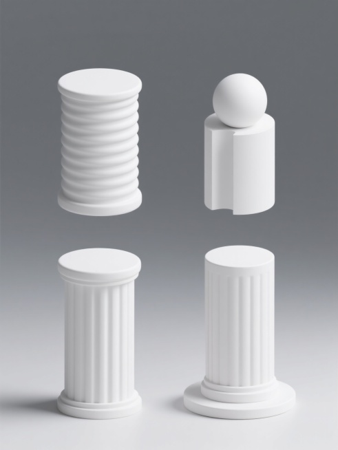 4个完全不同造型的白色圆柱元素内容系列素材集合，保持简约现代3D风格，统一纯白色调，柔和均匀高光与阴影表现，光滑细腻的材质质感，规整对称的圆形顶面与垂直柱身结构，每个圆柱具有独特设计细节（如一个表面有环形凹槽纹理、一个顶部有半球形凸起、一个柱身一侧有平滑切面、一个底部有向外延展的圆形底座），所有圆柱元素在纯白色纯色背景上以等距网格形式规整排布，呈现出简洁、干净、专业的视觉效果，整体构图平衡协调……预览效果