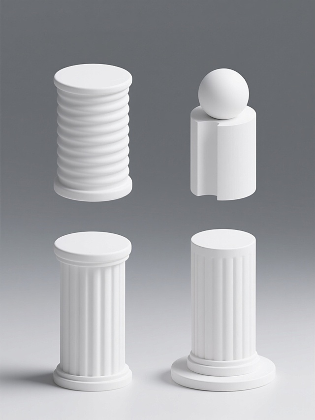 4个完全不同造型的白色圆柱元素内容系列素材集合，保持简约现代3D风格，统一纯白色调，柔和均匀高光与阴影表现，光滑细腻的材质质感，规整对称的圆形顶面与垂直柱身结构，每个圆柱具有独特设计细节（如一个表面有环形凹槽纹理、一个顶部有半球形凸起、一个柱身一侧有平滑切面、一个底部有向外延展的圆形底座），所有圆柱元素在纯白色纯色背景上以等距网格形式规整排布，呈现出简洁、干净、专业的视觉效果，整体构图平衡协调，突出每个圆柱的独特造型与系列统一性。