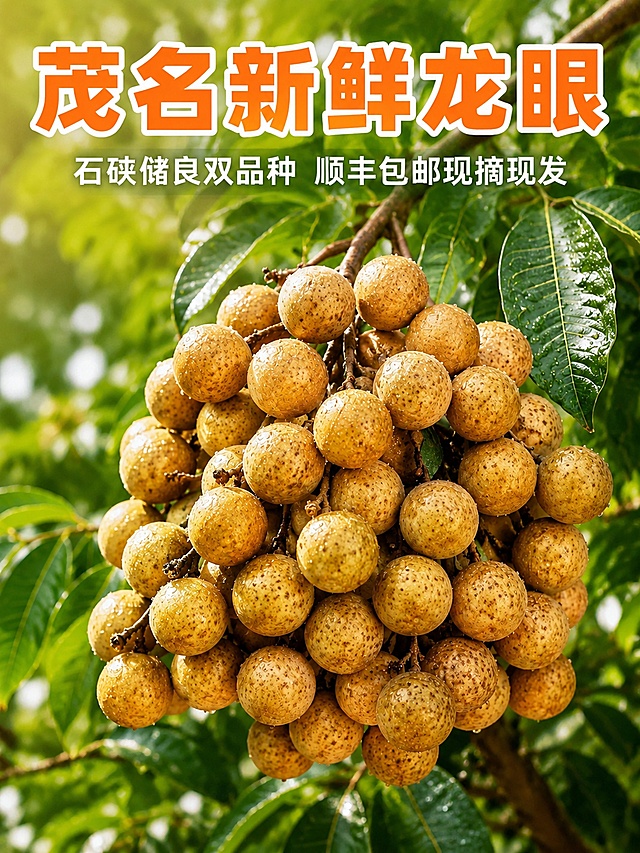 [第1屏] 详情页头图-茂名新鲜龙眼食欲氛围海报。本屏使用【图3】作为商品主体。
[氛围/风格] 自然果园氛围，新鲜生鲜风，突出新鲜饱满的食欲感，商业摄影质感。
[元素布局] 挂满果实的龙眼枝头作为主体，占画面约70%，饱满密集的龙眼果实挂在枝条上，周围环绕翠绿叶片，果实表面带新鲜水珠，凸显刚采摘的新鲜度。保持龙眼果实、叶片、枝条的外观、颜色、纹理与输入图3一致，杜绝变形色差。背景为虚化的绿色果园，增加层次感。
[光影质感] 自然日光从上方斜照，水珠带有高光，叶片和果实光泽自然，整体明亮通透，还原果园清晨采摘的新鲜氛围。
[配色色系] 全局底色为淡绿色渐变；主色为深绿叶片和黄褐色龙眼，辅助色为橙白文字配色。
[视角构图] 平视取景，主体龙眼枝条占据画面中心，背景虚化突出主体，阅读动线从上到下自然流畅。
[文字版式] 顶部为主标题，下方副标题，不遮挡主体龙眼。主标题「茂名新鲜龙眼」，超大加粗橙色圆角字体带白边；副标题「石硖储良双品种 顺丰包邮现摘现发」，白色小字，清晰可读。文字在顶部安全边距内，不遮挡主体。全套标题采用圆角黑体，字色使用橙色+白色，仅纯色填充。
[比例分辨率] 3:4 竖版比例，4K分辨率，文字清晰可辨，高清商业摄影画质。
[负向提示词] 变形，文字错乱，产品图模糊，背景杂乱，水印，电商平台Logo，绝对化违禁词。