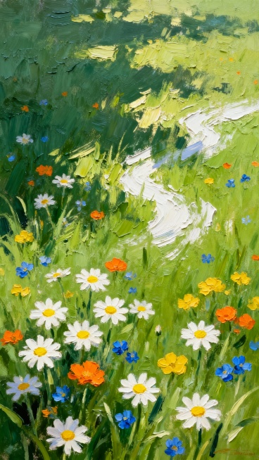 手绘风格的绿色草地背景，采用油画般厚重而富有纹理的笔触，大面积涂抹出深浅不一、带有自然肌理的绿色调，阳光照射下泛着柔和的高光和细微的白色笔触质感。草地上点缀着许多小巧的野花，以白色雏菊（黄色花心）为主，间杂着橙色、黄色和蓝色的小花，花朵大小不一，疏密有致地随机分布，整体营造出清新自然、生机勃勃的春日氛围，画面构图饱满，色彩和谐统一，充满手绘的温暖质感和艺术气息。预览效果