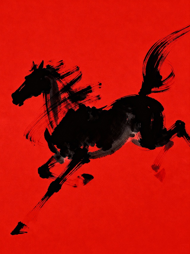 动态模糊。速度感模糊线条，抽象，意外被檫坏的形状：黑色，类似半匹马，动态模糊。只有几笔线条，毛笔笔触，随意线条，模糊效果，在纯红背景上画，动态模糊。