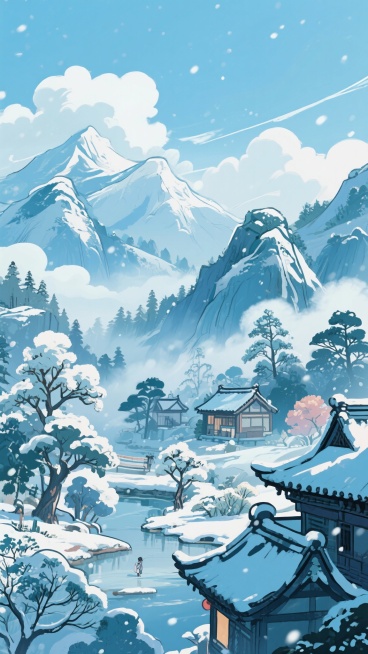 二次元古风，下雪，群山，树，房子，雾气，云，浅蓝色，细节丰富，元素多样，9:16,不要人物，生成2张预览效果