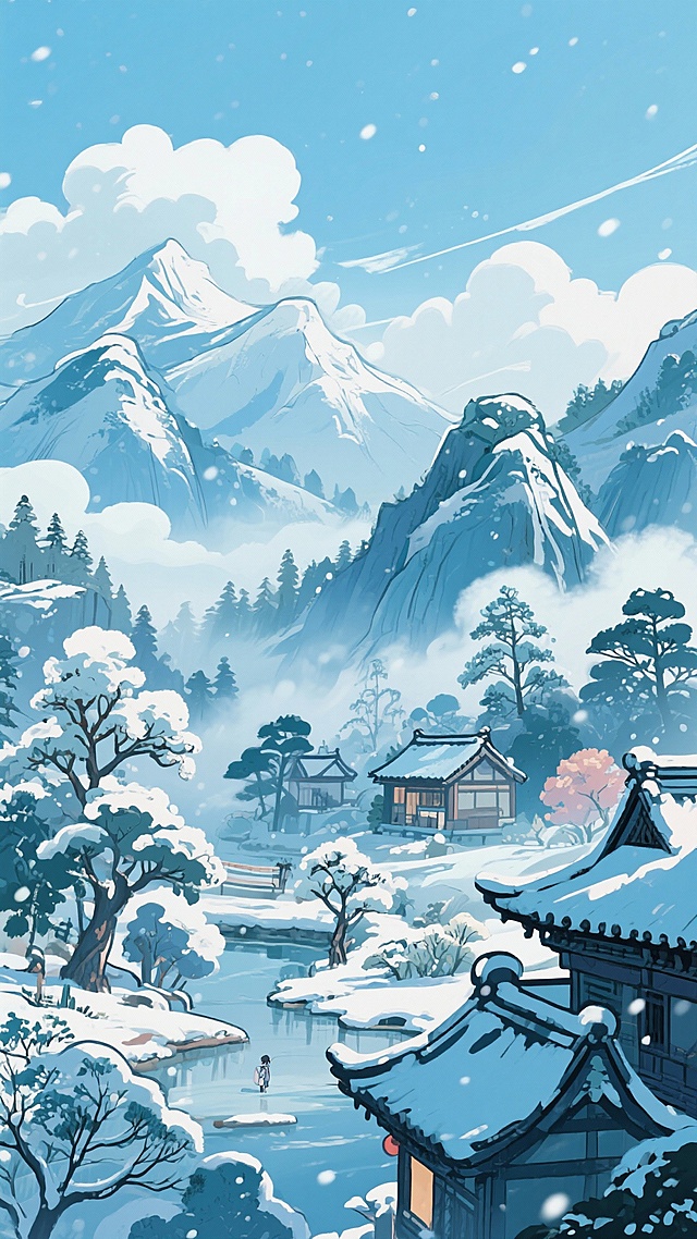 二次元古风，下雪，群山，树，房子，雾气，云，浅蓝色，细节丰富，元素多样，9:16,不要人物，生成2张