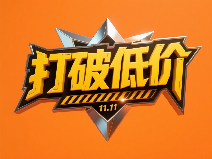 3D尖锐的字体设计，黄色“打破低价”，小字“11.11”警戒线嵌入文字，双层字效结构。橙色背景预览效果