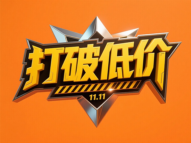 3D尖锐的字体设计，黄色“打破低价”，小字“11.11”警戒线嵌入文字，双层字效结构。橙色背景