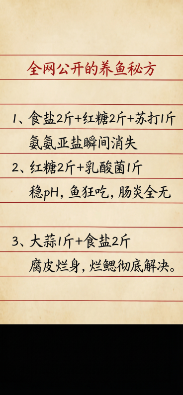 参考原图的背景、红横线格、手写行楷字体和黑色字迹风格，重新生成一张图片，排版合理，内容为：全网公开的养鱼秘方 1、食盐2斤+红糖2斤+苏打1斤 氨氨亚盐瞬间消失 2、红糖2斤+乳酸菌1斤 稳pH，鱼狂预览效果
