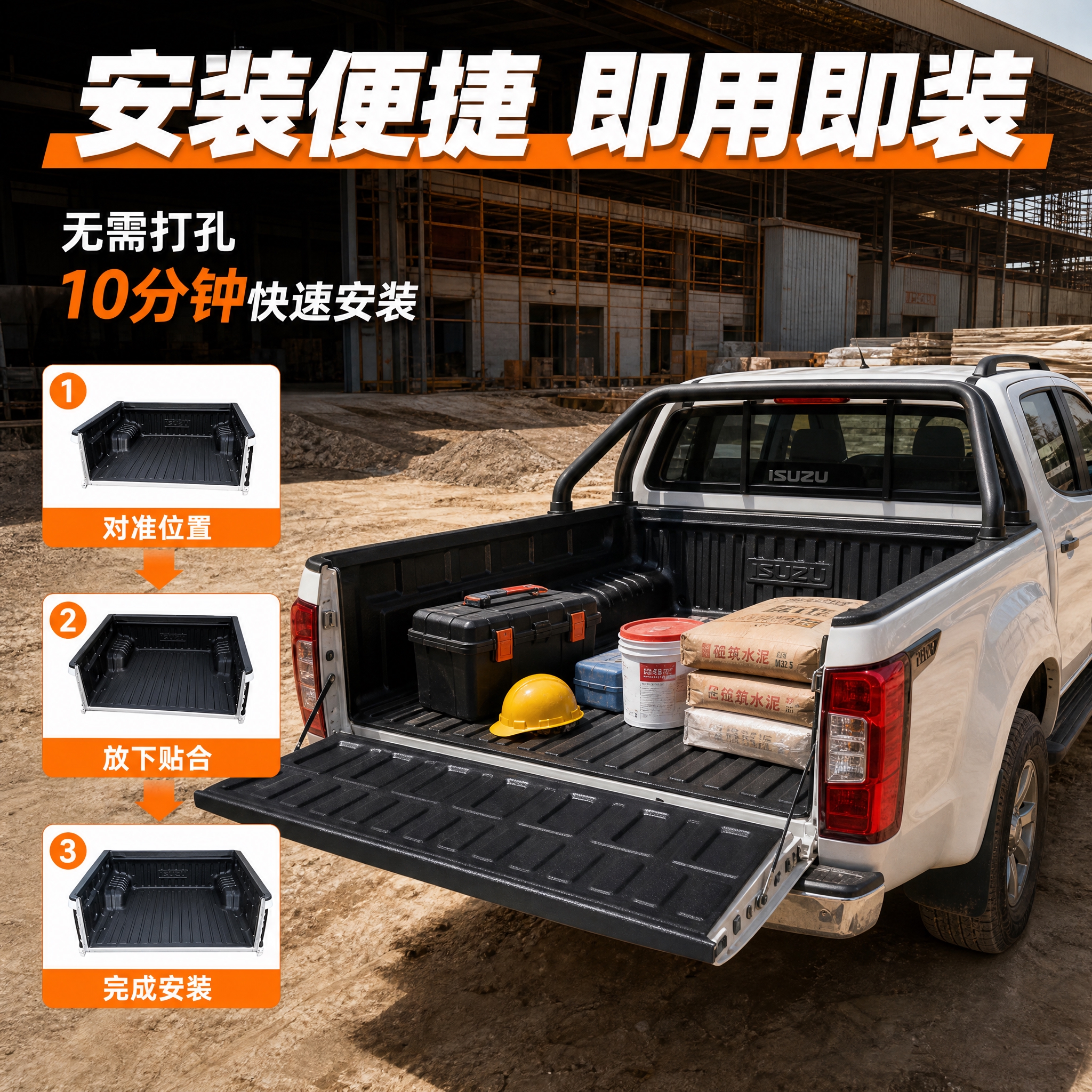 [主图-4] 安装适配与使用场景图，展示货箱宝安装在皮卡上的实… - 图片创意预览