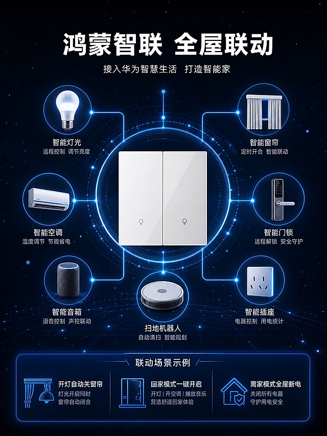 [商品] 使用【图2】二开智能开关；保留双按键、白色AG玻璃面板、灯泡图标指示灯、方形结构。

[画面] 第9张 智能场景联动，目标展示开关与其他华为鸿蒙设备联动，构建全屋智能场景。采用系统联动示意型版式，二开开关位于画面中央，占画面约25%。周围环绕分布着其他智能设备的图标或简化示意图：智能灯泡、智能窗帘、空调、扫地机器人、智能门锁等，每个设备用细线和开关连接，形成一个智能联动网络。连接线用蓝色光效表示数据传输和联动。背景为深色科技感背景，带有星点和粒子效果。画面上方有标题，说明场景联动的价值。

[视觉] 套系策略：风格=科技感系统示意图；标题字=现代无衬线粗黑体；正文字=简洁无衬线体；主色=深蓝深灰科技色调；背景延展=基于深蓝和深灰做渐变、星点粒子、科技网格；强调色=华为蓝，用于连接线、设备图标高亮和光效；标题色=白色；正文色=浅灰色；组件=设备图标、蓝色连接线、网络节点光效；光影=整体暗调科技感，蓝色光效柔和发光，产品有主光照明，玻璃面板有高光。

[文字] 画面上方居中放置主标题，主标题下方有副标题。每个设备图标旁有简短功能说明。所有文字横排。
主标题："鸿蒙智联  全屋联动"
副标题："接入华为智慧生活  打造智能家"
联动场景示例："开灯自动关窗帘"  "回家模式一键开启"  "离家模式全屋断电"

[规格] 图片比例3:4竖版，4K，避免变形、错字、文字过小、产品结构错误、图标不清晰、连接线杂乱。