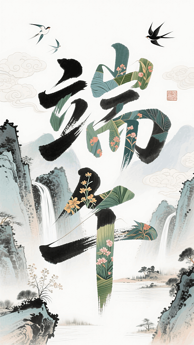 “端午”书法字图案由山水瀑布花草拼贴，文字融入在画面背景中形成完整的视觉，背景是一个个空灵的山地景观，飞鸟，祥云在画面中，水墨