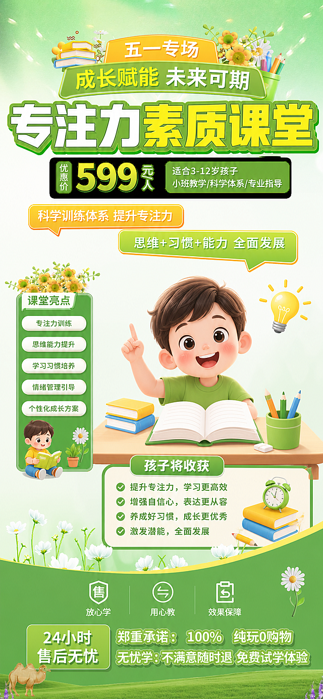 参考图片风格，重新生成画面内容「图片1」主框架是教育类型，标题给我修改成专注力素质课堂，书本，铅笔文具类不等，还有卡通小人，等