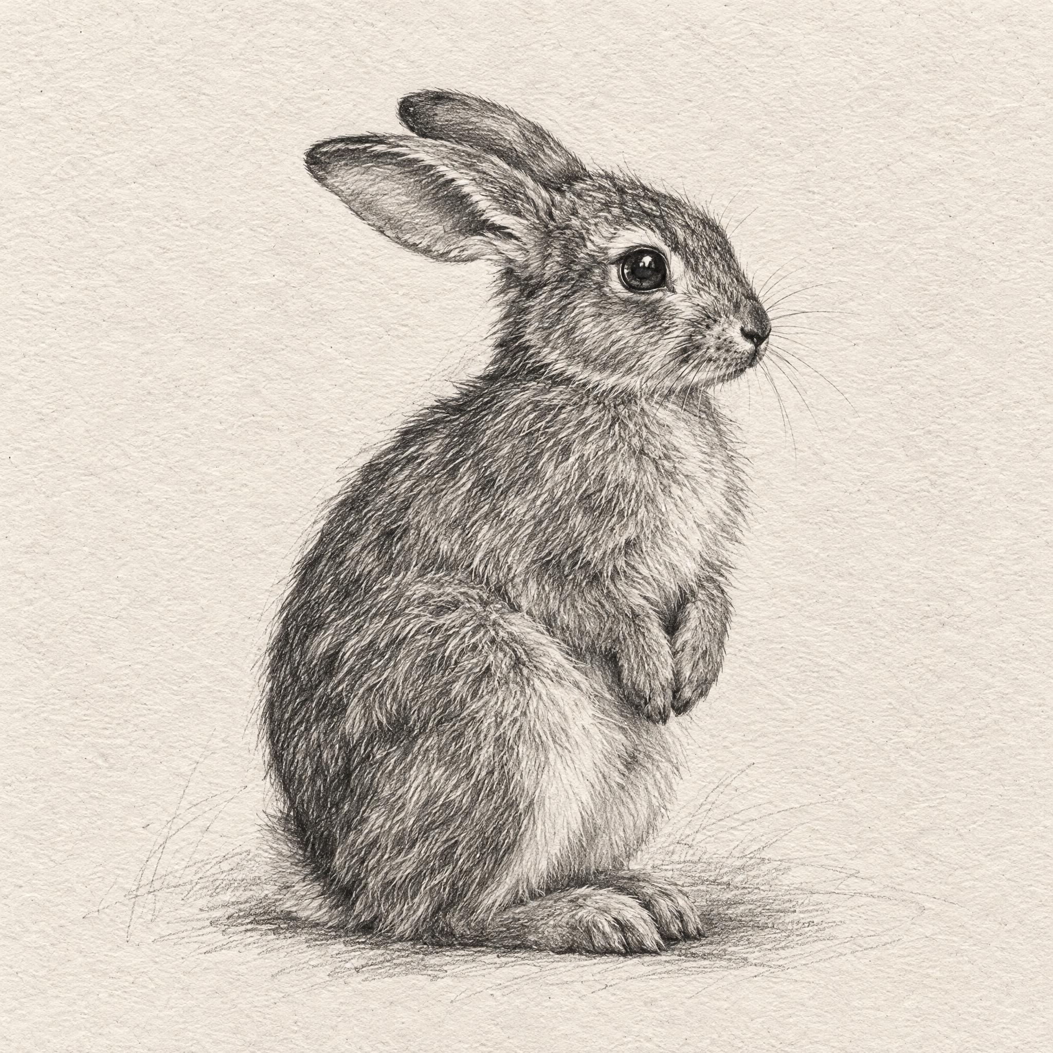 一幅精致的铅笔素描兔子插画，画面中央是一只侧身蹲坐的野兔，长耳… - 图片创意预览