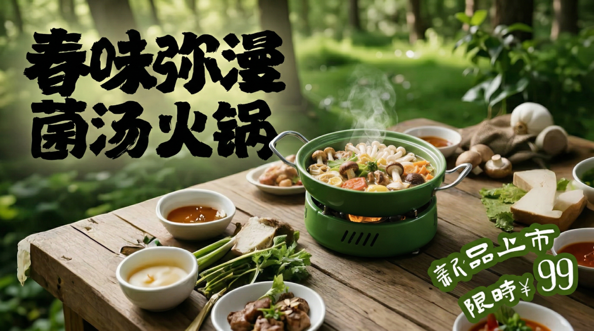 将菌汤火锅主体、黑色书法字体文案“春味弥漫 菌汤火锅”、绿色新品上市标识“新品上市 限时¥99”组合到户外木质餐桌的背景图中，制作一张创意美食海报，整体风格清新自然，突出火锅的美味与春日氛围，文字排版预览效果