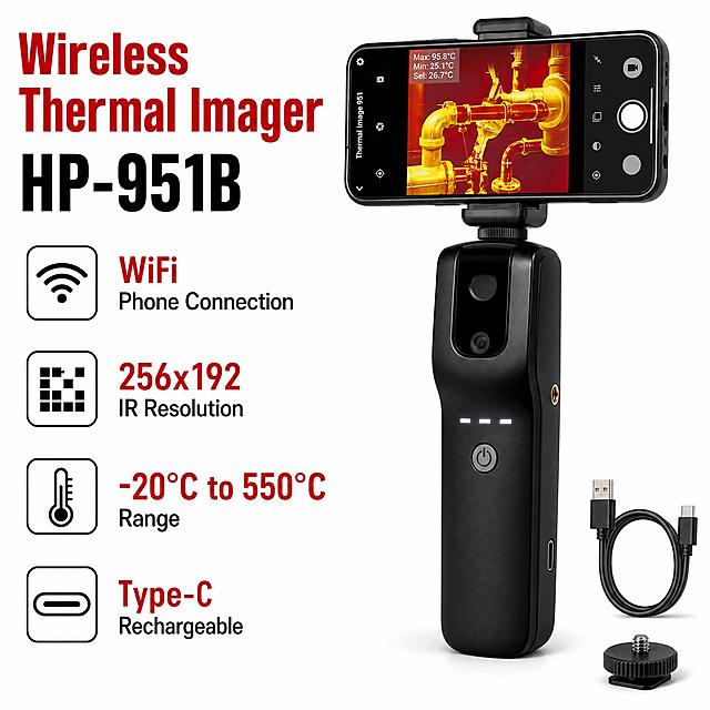 Amazon product main image, square 1:1, pure white background, classic left-right split layout, industrial style clean design. Right side 55%: Handheld Wireless Thermal Imager HP-951B product, greatly enlarged as visual focus, occupying most of the right side. Black handheld body with thermal camera lens on top, power button with battery indicator lights, Type-C charging port, tripod mount. Smartphone mounted on top showing thermal imaging app with red-yellow thermal image of pipes and temperature readings. USB charging cable and small tripod mount accessory at bottom right corner. Left side 45%: top red bold large title "Wireless Thermal Imager", black bold large model "HP-951B", red and black text very prominent and enlarged. Below: 4 selling points with simple line icons: "WiFi Phone Connection", "256x192 IR Resolution", "-20°C to 550°C Range", "Type-C Rechargeable". All English text, clean and simple, commercial photography quality, soft lighting, slight contact shadow. Product must not be deformed or stretched, accurately reference original black handheld thermal imager with phone mount appearance. Industrial style matching other digital instrument main images. Negative: distortion, wrong text, Chinese, watermark, floating product, blurry, small product