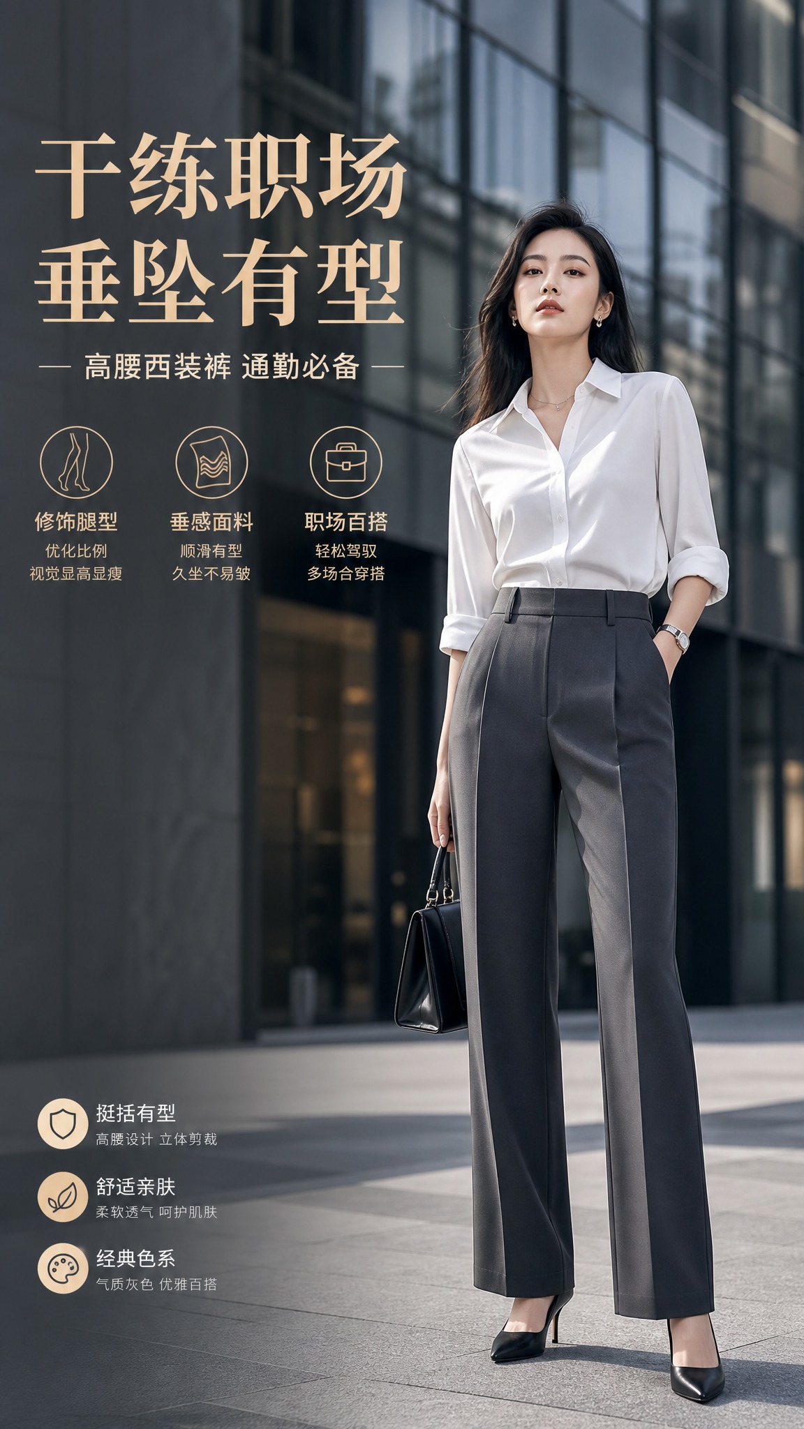 写实商业摄影风格，女装商务风西装裤海报，竖版9:16。画面主体… - 图片创意预览
