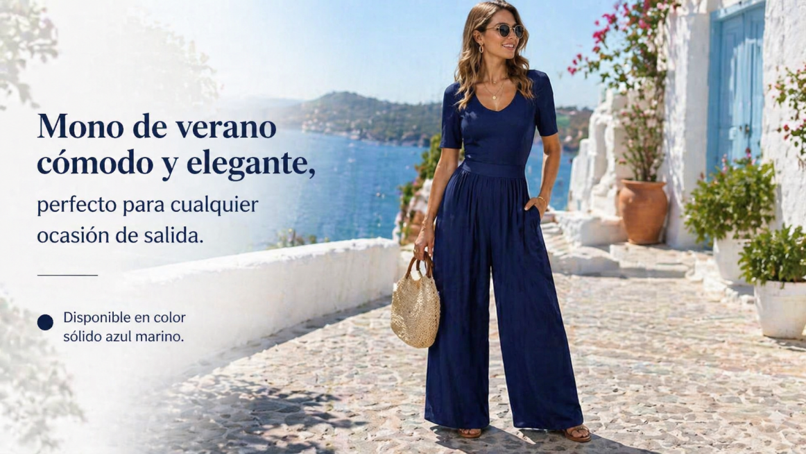 A European woman wearing the navy blue solid wrap short sleeve jumpsuit during summer travel, with a预览效果