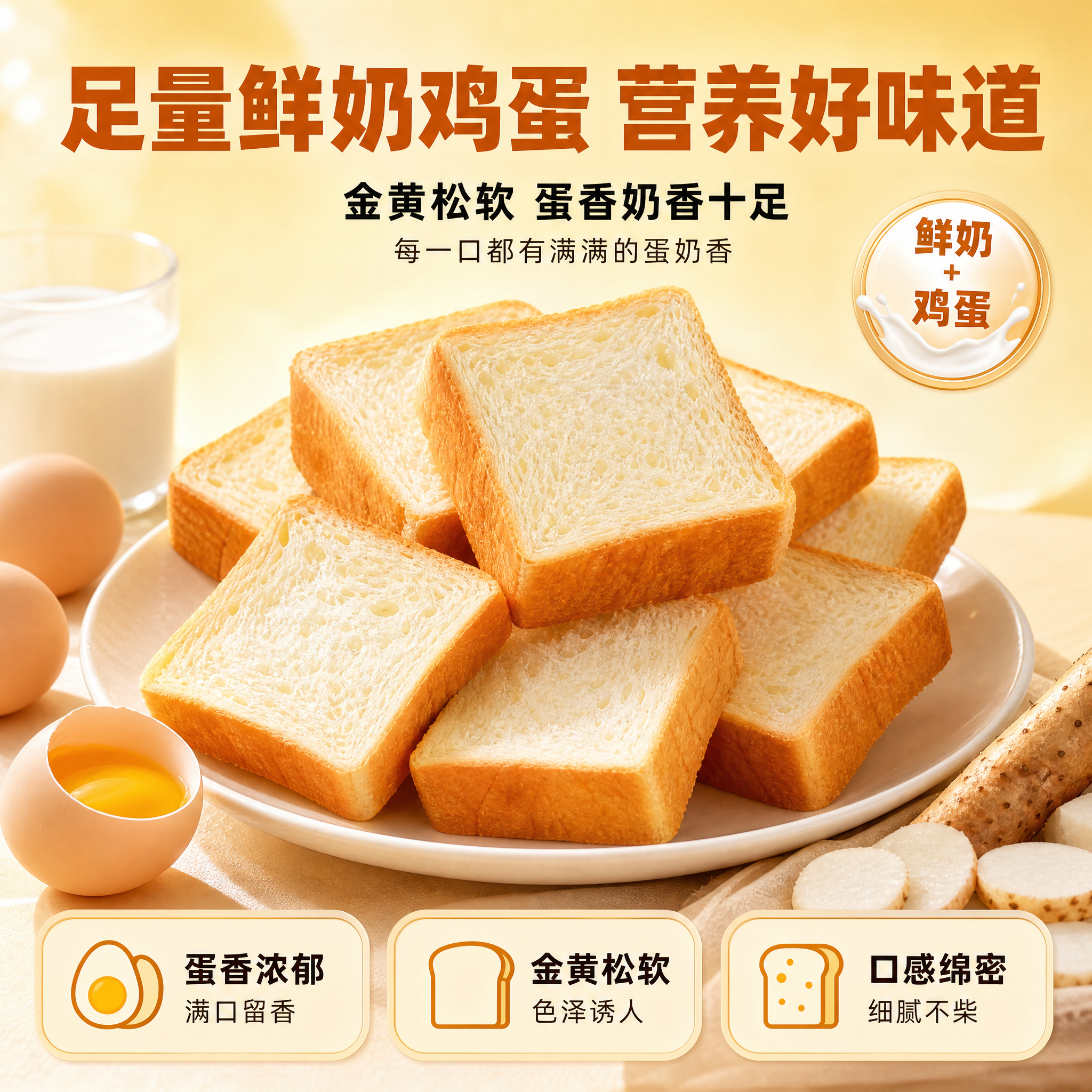 [主图-4] 鲜奶原味吐司原料卖点图，突出鸡蛋与鲜奶含量高的特… - 图片创意预览