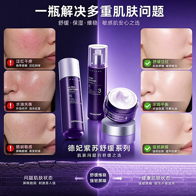 [主图-4] 痛点对比与功效实证，展示德妃紫苏系列针对敏感肌问题的改善效果。
[统一基调] 整体风格为专业科技护肤风，背景主色为左右分栏的暗紫到亮紫对比背景，标题字色为白色，辅助字色为淡紫色，强调色为银紫色，字体样式为干净现代的非衬线体，字号层级分明，卡片和图标采用简约圆角矩形与细线风格。
[画面] 采用左右对比构图。左侧暗紫色背景展示肌肤问题：泛红、干燥、粗糙的皮肤局部特写，配有「泛红干痒」「水油失衡」「脆弱敏感」三个痛点标签。右侧亮紫色背景展示使用后的健康肌肤：光滑、水润、稳定的皮肤状态，配有「舒缓泛红」「水润平衡」「强韧屏障」三个效果标签。中间放置产品三件套，作为解决方案的核心连接左右两部分。画面底部有淡淡的皮肤纹理示意图。
[光影质感] 商业摄影质感，产品清晰居中，左右两侧皮肤特写真实自然，对比明显但不夸张，左侧偏冷暗调，右侧偏暖亮调，形成视觉对比。
[配色] 左侧暗紫色冷调背景，右侧亮紫色暖调背景，中间产品保持原有紫色调，文字白色为主，痛点标签用红色系小字，效果标签用绿色系小字。
[文字版式] 画面顶部主标题「一瓶解决多重肌肤问题」，左右两侧分别排列痛点和效果标签，中间产品下方标注「德妃紫苏舒缓系列」，文字采用非衬线体，层级分明，重点突出。
[输出要求] 1:1比例，对比清晰，产品突出，文字清晰。负向：夸张对比、错字、模糊、水印、平台Logo、医疗化表述、治疗功效暗示。