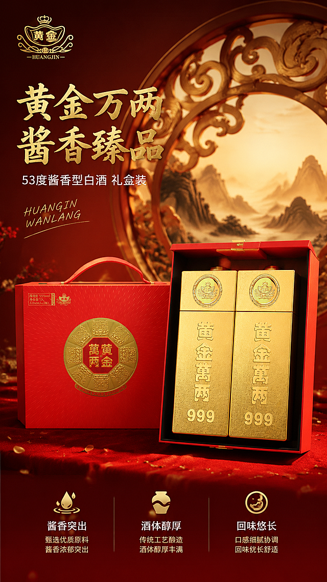 [第1屏] 详情页头图-黄金万两999酱香型白酒礼盒主视觉海报。本屏使用【图1】红色礼盒与两瓶金色酒瓶作为商品主体，【图5】礼盒手提装作为包装参考。
[氛围/风格] 高端国潮喜庆风，奢华质感，中式美学，商业摄影大片感。
[元素布局] 画面中央偏右放置打开的红色礼盒，内部两瓶金色金条造型酒瓶并排陈列，瓶身正面浮雕"黄金万两 999"字样与圆形金标Logo清晰可见；礼盒红色烫金工艺精致，正面圆形八卦纹金章醒目。左侧大面积负空间留给文案区。背景为中式雕花圆形拱门，金色祥云纹样环绕，远处山峦叠嶂水墨意境；前景铺深红色绒布台面，散落金色光粒子与花瓣。左上角放置从产品提取的"黄金"皇冠品牌Logo。保持产品外观（物理结构、材质质感、颜色、浮雕文字）与输入产品图绝对一致，杜绝变形和色差。商品主体占比约60%。
[光影质感] 顶部主光柔和打亮礼盒与瓶身，金色瓶身有细腻高光带呈现磨砂质感，红色礼盒呈现绒面与烫金反光；两侧辅光勾勒产品轮廓，底部有柔和投影与台面反光；整体暖金调，光比舒适、高光不溢、暗部有层次。
[配色色系] 全局底色 #8B0000 深红渐变；主色中国红 #C8102E + 奢华金 #D4AF37；辅助色深红木色、金色光粒子。
[视角构图] 正面微仰视，礼盒与两瓶酒为视觉中心；阅读动线左上标题 → 中部产品 → 底部氛围；前中后景分层清晰，景深中等。
[文字版式] 左上负空间左对齐留安全边距，主标题"黄金万两 酱香臻品"，金色大号粗体书法字带烫金质感；副标题"53度酱香型白酒 礼盒装"，白色细宋体，字号约为主标题的40%。主标题下方手写体英文装饰"HUANGJIN WANLIANG"。底部通栏半透明深红渐变蒙层，均分三列卖点：「酱香突出」「酒体醇厚」「回味悠长」，每列金色图标+白色说明文字，左对齐排列。
[比例分辨率] 9:16竖版比例，4K分辨率，文字清晰可辨，高清画质。
[负向提示词] 变形，水印，文字错乱，文字过小，瓶身文字错误，产品图模糊，背景杂乱，电商平台Logo。