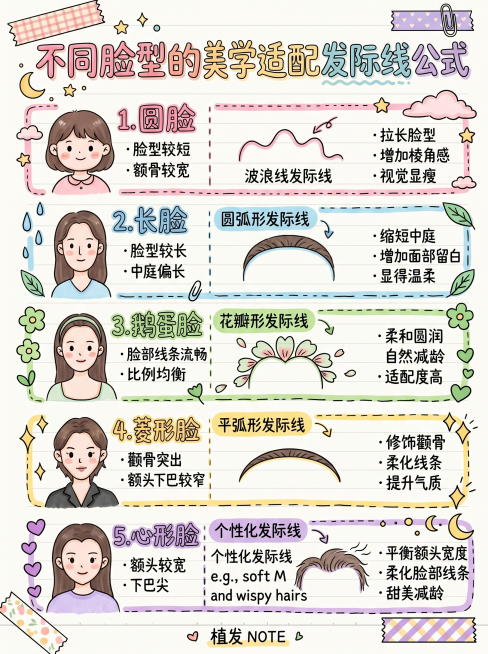 根据原图内容生成马克笔手绘风格手账读书笔记，一级标题为"不同脸型的美学适配发际线公式"，分五个脸型整理：圆脸适配波浪线、长脸适配圆弧形、鹅蛋脸适配花瓣形、菱形脸适配平弧形、心形脸适配个性化发际线，保留预览效果