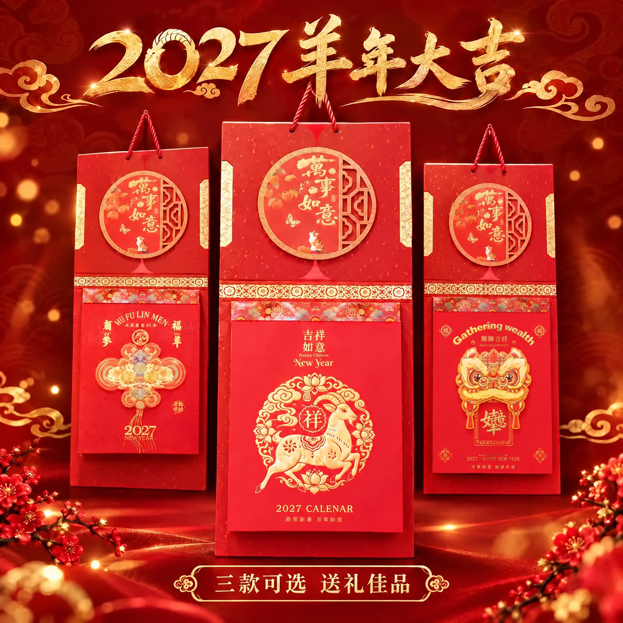 图一是三款挂历组合图，左右两边的三羊开泰中国结款重复了，将右边… - 图片创意预览