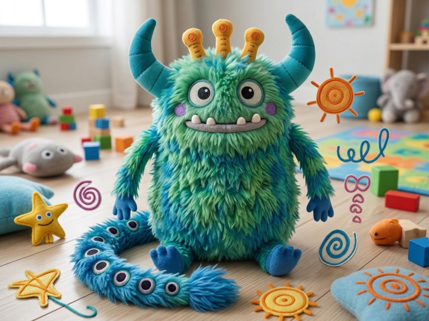 将图片中的怪兽做成立体的毛茸茸的儿童毛绒玩偶，柔软的，背景是儿童房的地板预览效果