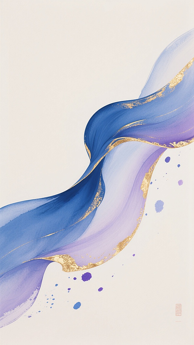 抽象水墨风格装饰画，以柔和的米白色为背景，画面右侧以流畅飘逸的靛蓝色与淡紫色渐变丝带为主导，丝带边缘点缀明亮的鎏金线条与金箔质感纹理，色彩过渡自然通透，呈现出轻盈灵动的动态美感，丝带末端散落细碎的蓝紫色墨点，整体构图简洁大气，兼具东方水墨的写意韵味与现代装饰的精致感。