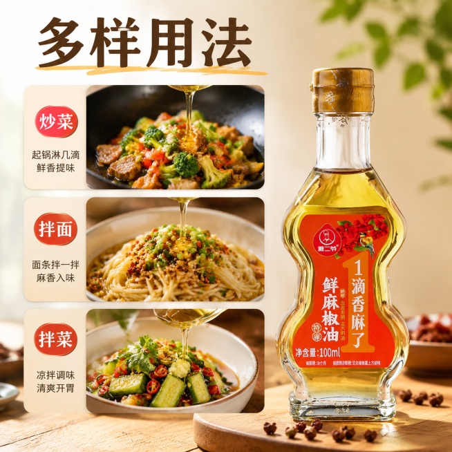 [主图-4] 鲜麻椒油多场景食用展示图。[氛围风格] 生活化代入感，展示产品多用途。[画质] 商业摄影质感、光线柔和通透、产品清晰真实、画面干净高级。[元素] 雅二爷鲜麻椒油玻璃瓶放在画面右侧，保持产预览效果