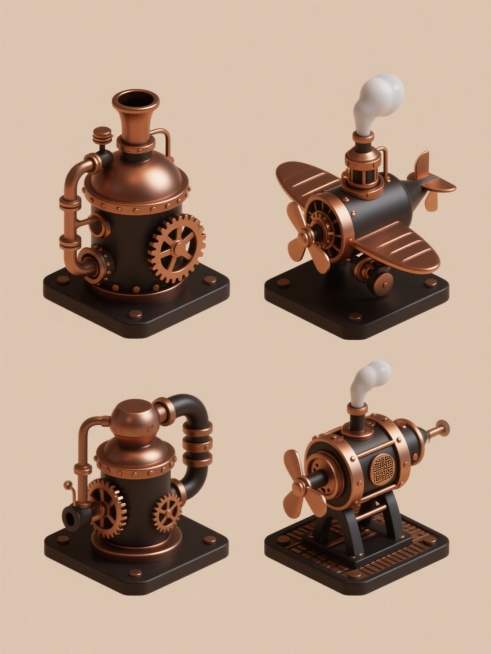 蒸汽朋克风格系列素材集合，四个完全不同造型的蒸汽元素内容规整排布在纯色背景上，整体采用3D立体设计风格，主色调为深棕色、铜色和黑色，辅以金属光泽和轻微的渐变效果，光影表现为顶部柔和光源，物体表面有细腻的高光和自然的阴影过渡，材质呈现金属的厚重感和齿轮、管道的机械细节，每个蒸汽元素造型独特，分别可能包含蒸汽锅炉、齿轮传动装置、蒸汽朋克飞行器、蒸汽动力机械等不同主题，元素之间等距排列，整体构图对称……预览效果