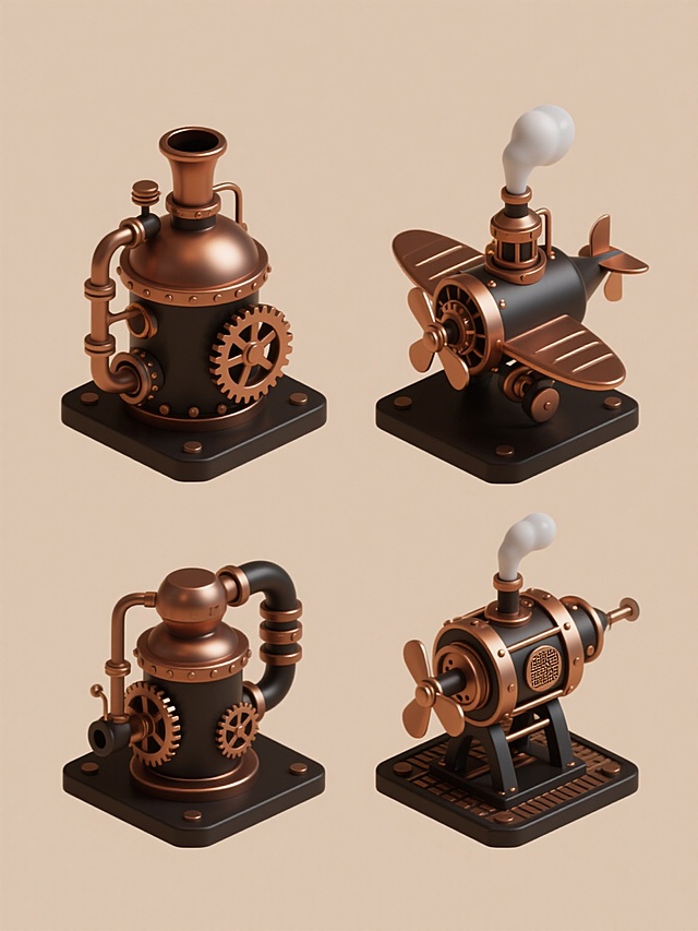 蒸汽朋克风格系列素材集合，四个完全不同造型的蒸汽元素内容规整排布在纯色背景上，整体采用3D立体设计风格，主色调为深棕色、铜色和黑色，辅以金属光泽和轻微的渐变效果，光影表现为顶部柔和光源，物体表面有细腻的高光和自然的阴影过渡，材质呈现金属的厚重感和齿轮、管道的机械细节，每个蒸汽元素造型独特，分别可能包含蒸汽锅炉、齿轮传动装置、蒸汽朋克飞行器、蒸汽动力机械等不同主题，元素之间等距排列，整体构图对称平衡，营造出复古工业的神秘与精致氛围，无任何文字、LOGO、二维码及多余信息。