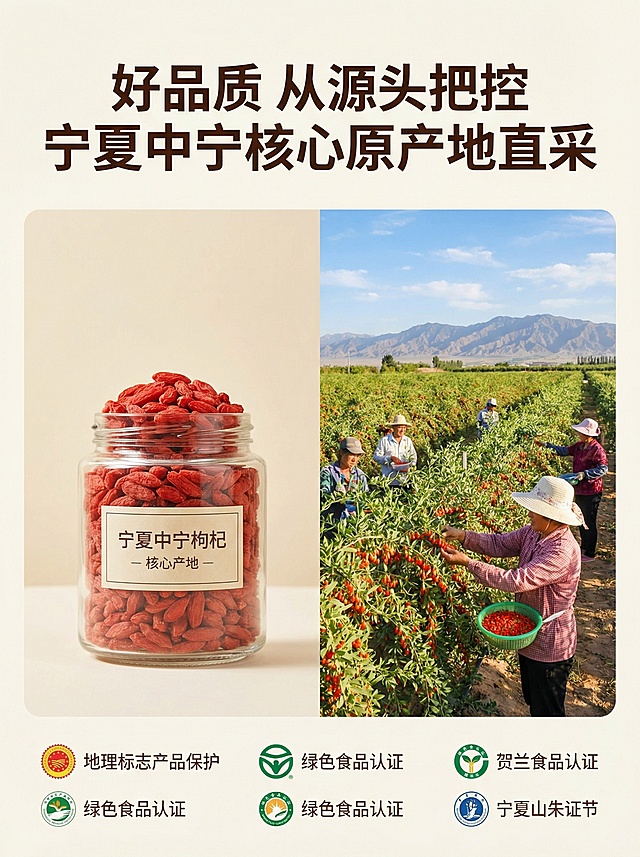 主图主题：宁夏中宁核心产地溯源
氛围/风格：简约自然道地风格
画面元素：左侧展示原品枸杞罐，右侧搭配宁夏枸杞种植基地采收实景图，采用左右拼图排版，光影统一自然，保留产品外观和证书与参考图一致，展示产地直采品质保障
配色色系：主色调：自然绿色、枸杞红色；辅助色：米白色浅底
视角构图：左右拼接平衡构图，左右各占一半空间
文字版式：顶部大标题 "好品质 从源头把控"，副标题 "宁夏中宁核心原产地直采"，字体为加粗无衬线体深棕色；证书展示在底部，整体排版简洁重点突出，文字不遮挡产品主体，延续参考图的简约排版风格