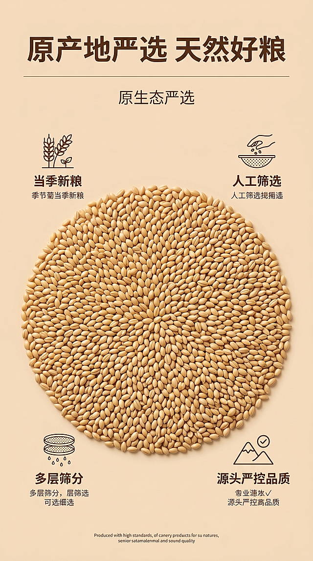 加纳利子原料科普详情页竖版长图，高清静物写实摄影设计。画面上方加粗主标题"原产地严选 天然好粮"，标题下方细横线装饰，搭配原生态严选副标题。画面中下部采用俯视平铺构图，田园自然简约布景，大面积展示用户上传的加纳利子产品谷物图，呈现颗粒均匀饱满、色泽自然、无杂质少粉尘。文案突出"当季新粮"、"人工筛选"、"多层筛分"、"源头严控品质"。全域统一浅杏米色哑光背景，低饱和暖调配色，以谷物原生色调为主，光影柔和细腻。画面风格简约纪实原料风，文字层级清晰，排版规整，与上下屏色调无缝衔接。