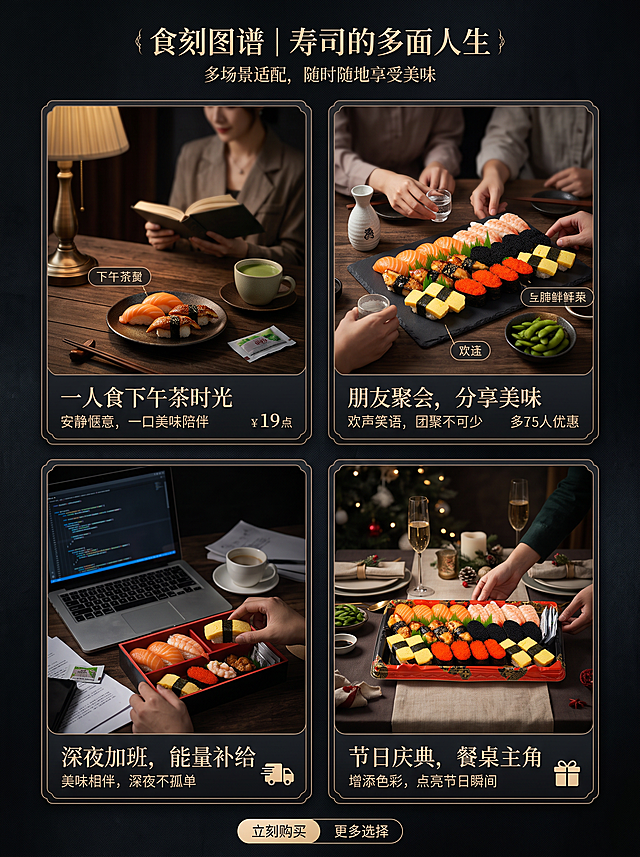 电商详情页真实多场景食刻图模块，美食质感暗调风格，分多格展示寿司拼盘在不同场景的食用时刻：一人食下午茶、朋友聚会分享、加班夜宵、节日聚餐，每格场景真实自然，突出寿司美味和多场景适配，整体暗调美食质感，淘宝天猫详情页风格，3:4竖版构图