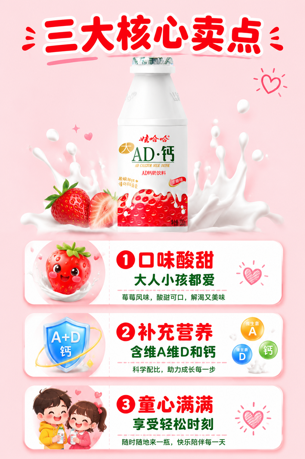 [第3屏] 娃哈哈AD钙奶核心卖点三栏展示。 [氛围/风格]… - 图片创意预览